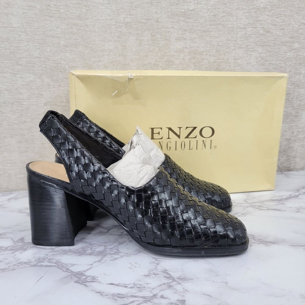 Enzo Angiolini Vintage Black Leather Basket Weave Woven Block Heeled Mules